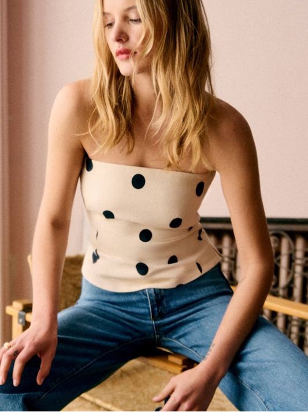SEZANE EDITIONS Ecru Cream & Black Polka Dot Printed Linen Strapless Peplum Top - Picture 17 of 17